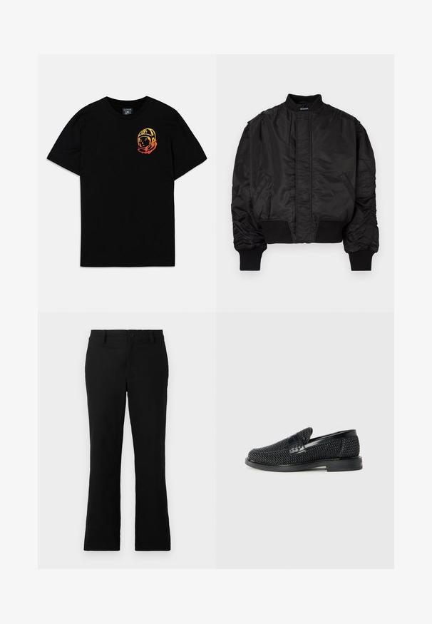 Black bomber jacket with a high collar, puffed sleeves, ribbed cuffs and waistband, and a smooth satin finish. Features side pockets.; Black cotton t-shirt featuring a colorful astronaut graphic on the left chest. Classic crew neck and short sleeves. Soft texture.; Black flared trousers made of cotton blend fabric, featuring a button closure, belt loops, and a smooth texture with no visible patterns.; Black woven slip-on shoe with a smooth leather accent on the upper, a round toe design, and a low-profile rubber sole.