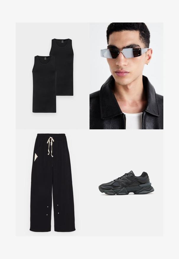 Černá bomber bunda s vysokým límcem, nařasenými rukávy, žebrovanými manžetami a lemem v pase a hladkým saténovým povrchem. Má boční kapsy.; Dvě černé tílka; přiléhavý design, kulatý výstřih, hladká textura, vyrobené z pružného materiálu; obě s diskrétním logem značky na přední straně.; Černé široké kalhoty vyrobené z měkké tkaniny, které mají stahovací pas, boční kapsy a trojúhelníkovou kapsu. Součástí jsou detaily ze stříbrného kovu.; Černá běžecká bota s kombinací síťoviny a syntetických materiálů, masivní podešev, zakřivený design a výrazné logo na boku.; Avenované sluneční brýle se šedým nádechem a stříbrnými doplňky, umístěné na světlém pozadí. Skla mají jedinečný geometrický tvar.