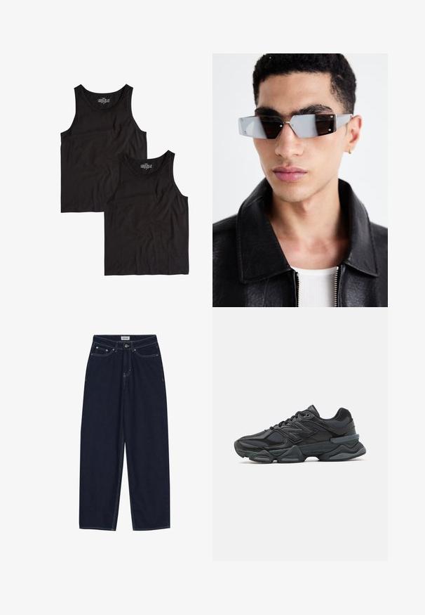 Black bomber jacket with a high collar, puffed sleeves, ribbed cuffs and waistband, and a smooth satin finish. Features side pockets.; Two black tank tops made of cotton, featuring a simple rounded neckline and sleeveless design, laid flat with smooth texture.; Dark blue denim wide-leg pants with contrast stitching, front pockets, and a button closure. Clean, straight cut with no embellishments.; Black running shoe featuring a mix of mesh and synthetic materials, chunky sole, curved design, and prominent branding on the side.; Angular gray-tinted sunglasses with silver hardware, set against a light background. The lenses feature a unique geometric shape.