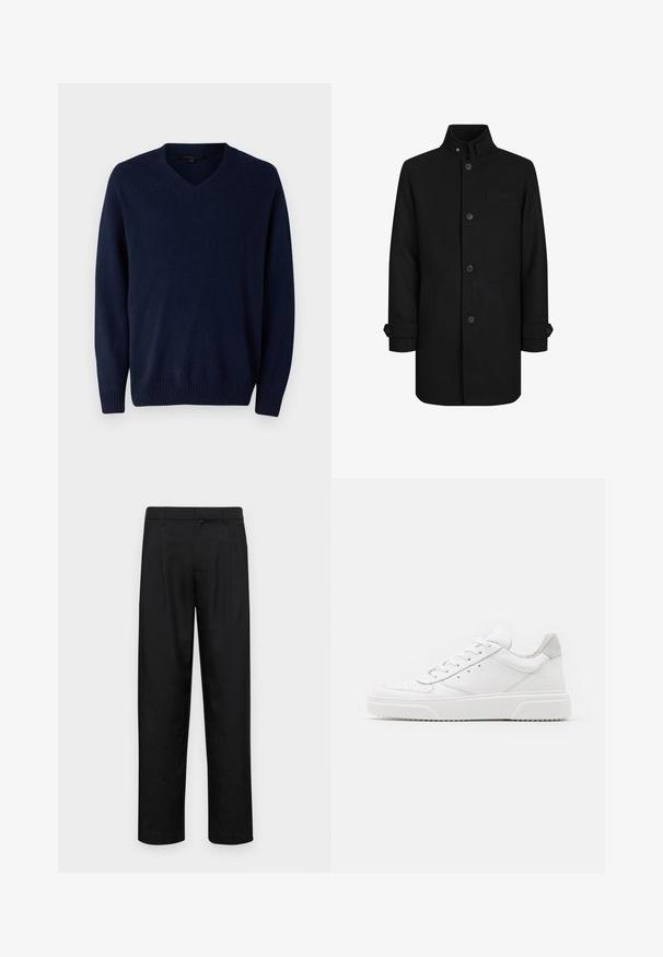 Black wool blend coat with high collar, front button closure, two side pockets, and one chest pocket. Features cuff detailing at sleeves.; Navy blue v-neck sweater made of soft knit material. Features ribbed cuffs and hem, with a smooth texture and no patterns or hardware.; White cotton t-shirt featuring short sleeves, crew neck, and a red graphic text "DELICIOUS REFRESHING FRUIT" on the front.; Black trousers made of smooth fabric, featuring a straight-leg design, two front pleats, and standard waistband with belt loops.; White leather sneakers with a smooth finish, rounded toe, flat laces, and a textured sole. Grey suede accent at the heel.