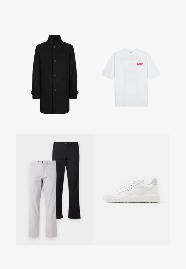 Abrigo de mezcla de lana negra con cuello alto, cierre frontal de botones, dos bolsillos laterales y un bolsillo en el pecho. Presenta detalles en los puños de las mangas.; Camiseta de algodón blanca con mangas cortas, cuello redondo y un texto gráfico rojo que dice "FRUTA DELICIOSA Y REFRESCANTE" en la parte frontal.; Dos pares de pantalones rectos: uno en gris claro con un botón marrón y otro en negro sólido. Ambos presentan una textura de algodón suave.; Zapatillas de cuero blanca con un acabado suave, punta redondeada, cordones planos y una suela texturada. Acento de ante gris en el talón.