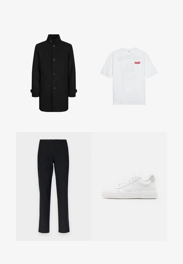 Black wool blend coat with high collar, front button closure, two side pockets, and one chest pocket. Features cuff detailing at sleeves.; White cotton t-shirt featuring short sleeves, crew neck, and a red graphic text "DELICIOUS REFRESHING FRUIT" on the front.; Black trousers with a smooth texture, straight-leg design, standard waistband with button closure, and no visible patterns or accents.; White leather sneakers with a smooth finish, rounded toe, flat laces, and a textured sole. Grey suede accent at the heel.