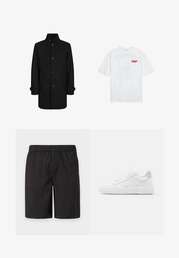 Fekete gyapjú keverék kabát magas gallérral, elől gombos záródással, két oldalsó zsebbel és egy mellzsebbel. Az ujjakon mandzsetta részletezés található.; Fehér pamut póló, rövid ujjakkal, kerek nyakkal, elöl piros grafikus felirattal: "ÍZLETES FRESKÉLŐ GYÜMÖLCS".; Fekete rövidnadrág, finom függőleges fehér csíkokkal, elasztikus derékrésszel és két oldalsó zsebbel, könnyű, texturált anyagból készült.; Fehér bőr sportcipő sima felülettel, kerek orral, lapos fűzőkkel és textúrált talppal. Szürke velúr díszítés a saroknál.