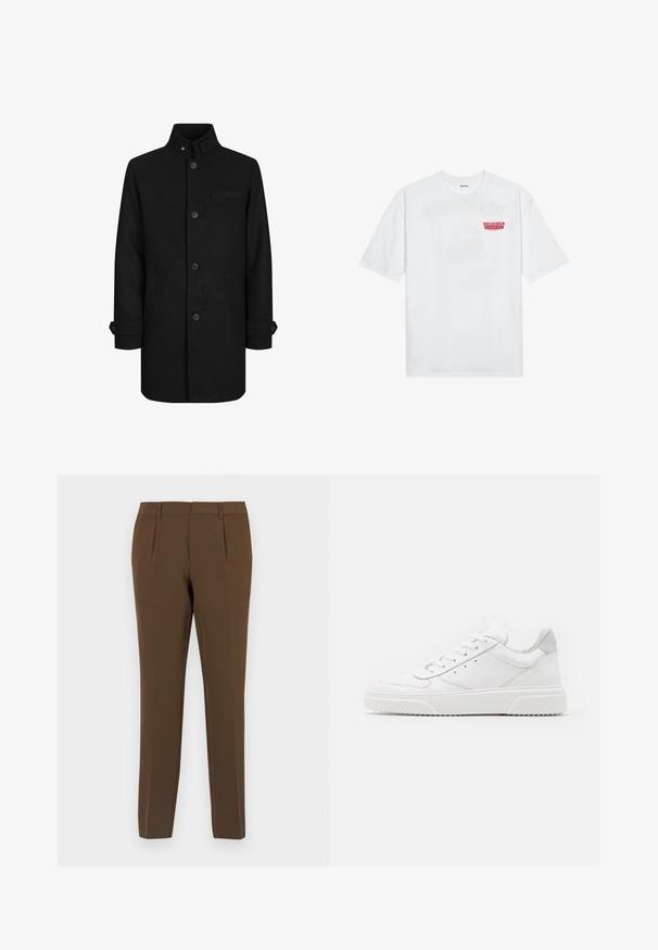 Black wool blend coat with high collar, front button closure, two side pockets, and one chest pocket. Features cuff detailing at sleeves.; White cotton t-shirt featuring short sleeves, crew neck, and a red graphic text "DELICIOUS REFRESHING FRUIT" on the front.; Brown tailored trousers with a smooth texture, featuring two front pleats, straight legs, and belt loops. Clean, minimalist design.; White leather sneakers with a smooth finish, rounded toe, flat laces, and a textured sole. Grey suede accent at the heel.