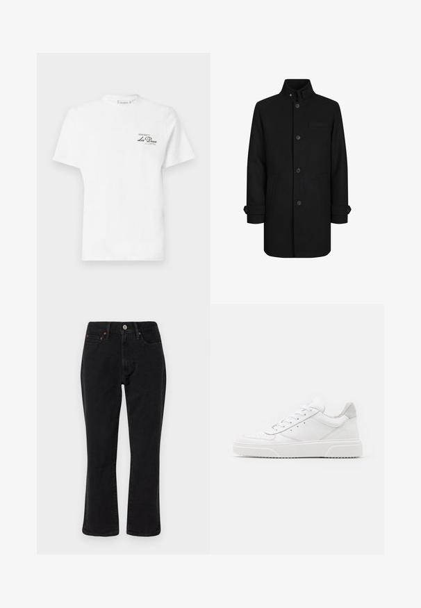 Black wool blend coat with high collar, front button closure, two side pockets, and one chest pocket. Features cuff detailing at sleeves.; White cotton t-shirt with a crew neckline, short sleeves, featuring a small black printed logo on the left chest. Soft texture, standard fit.; Black denim jeans featuring a straight leg design, five-pocket style, and metal hardware with copper accents. Smooth texture and medium rise.; White leather sneakers with a smooth finish, rounded toe, flat laces, and a textured sole. Grey suede accent at the heel.