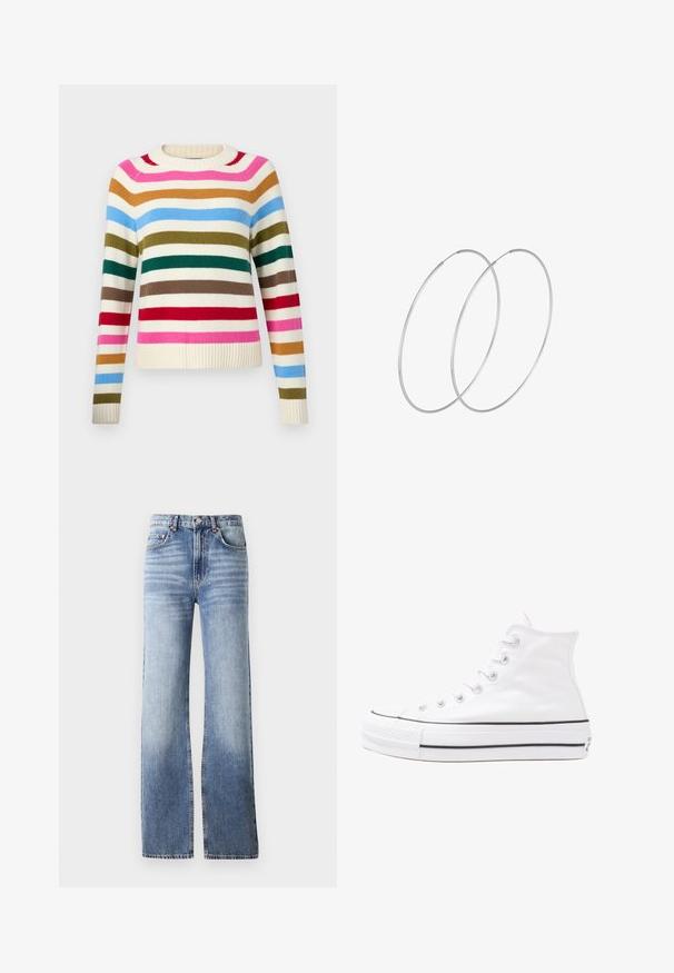 Opgeblazen jas in gedempt groen, met een hoge kraag, afneembare capuchon en drukknoopsluiting. Gladde textuur met gestikte paneeldetails.; GAP CASHSOFT CREW - Trui - multi coloured; Lichtblauwe denim jeans met een hoge taille, wijde pijpen en subtiele vervaging. Voorzien van een knoopsluiting en een vijfzakkenontwerp.; Witte high-top canvas sneakers met een zwarte rubberen zool, een rubberen neuskap aan de voorkant en zes gaatjes voor veters, met een schone, minimalistische uitstraling.; Zilveren hoepel oorbellen met een minimalistisch ontwerp. Cirkelvormig, gladde textuur en dun profiel. Lichtgewicht met een gepolijste afwerking.