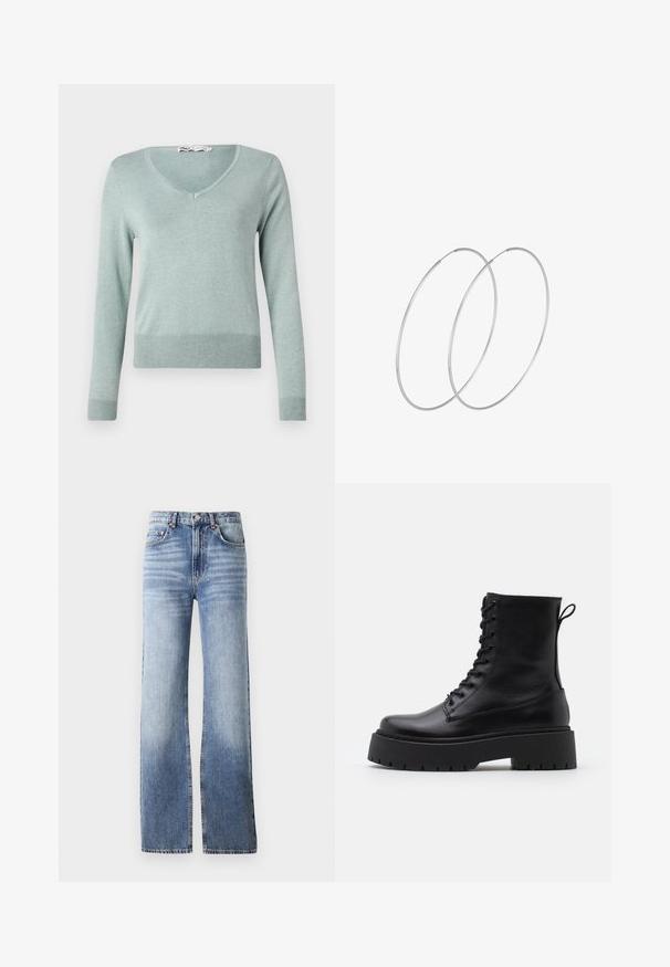 Kohandatud roheline puhvekattega jakk, millel on kõrge krae, eemaldatav kapuuts ja nööbid. Sujuv tekstuur, millel on õmmeldud paneelide detailid.; Hele roheline V-kaelusega sviiter, mis on valmistatud pehmest, soonikmaterjalist. Omab pikki varrukaid ja istuvat hem'i, millel on peen tekstuur ka üle kogu.; Heledad sinise denimi teksad, kõrge vöökoht, laia jala lõige ja pehme kulumine. Omab nööpide sulgemist ja viit taskut.; Mustad mustad nahast pahkluu saapad ümarate varvastega, nööridega esiosas ja paksu kummist talla ning tekstuuritud mustriga. Tagumine tõmbeaas.; Hõbedased rõngastikkaehingad minimalistlikus disainis. Ümar kuju, sile tekstuur ja õhuke profiil. Kerged ning poleeritud viimistlusega.