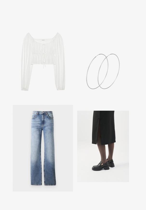 Kohandatud roheline puhvekattega jakk, millel on kõrge krae, eemaldatav kapuuts ja nööbid. Sujuv tekstuur, millel on õmmeldud paneelide detailid.; Valge lühikeste varrukatega pluus, millel on pikad volangvarrukad. Omab volditud esiosa ja nöör-detaili kaeluses. Sile ja kerge kangas.; Heledad sinise denimi teksad, kõrge vöökoht, laia jala lõige ja pehme kulumine. Omab nööpide sulgemist ja viit taskut.; Mustad mustad jalatsid ümmarguse varbaga, paksu plokkniidi ja elastsete külgdetailidega, kombineeritud tumedate sukkade ja musta lõhikuga seelikuga.; Hõbedased rõngastikkaehingad minimalistlikus disainis. Ümar kuju, sile tekstuur ja õhuke profiil. Kerged ning poleeritud viimistlusega.