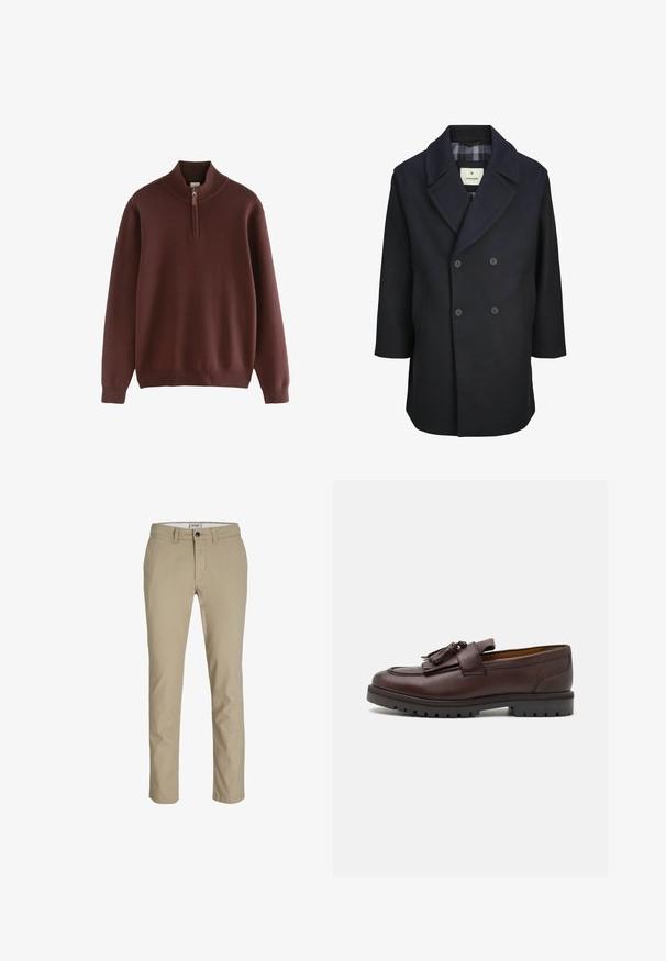 Marineblauer Wollmantel mit doppelt geknöpften Knöpfen, breiten Revers und seitlichen Taschen. Verfügt über ein karierter Innenfutter. Strukturierte Silhouette.; Next Strickpullover - burgandy; Weißes Baumwoll-T-Shirt mit rundem Ausschnitt, kombiniert mit navyblauen, gefalteten Hosen und einem braunen Ledergürtel mit goldener Schnalle.; Beige Baumwollhose mit Slim-Fit, ausgestattet mit einem Reißverschluss, Knopfverschluss und vier Taschen. Glatte Textur, keine Muster oder Akzente.; Zign Business-Slipper - brown