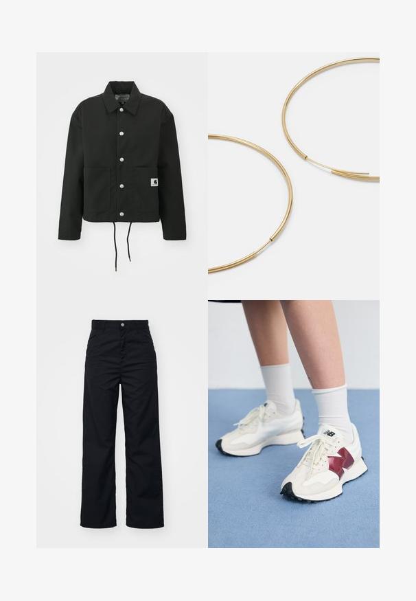 Schwarz gekürzte Jacke aus strapazierfähigem Stoff. Mit klassischem Kragen, silbernen Druckknöpfen, zwei Fronttaschen und verstellbarem Kordelzug am Saum.; Dunkelgrauer Reißverschluss-Pullover mit einem Zopfmuster, kragenförmigem Design und gerippten Bündchen und Saum. Verfügt über einen silbernen Reißverschluss.; Schwarz, kurzärmliges T-Shirt aus glattem Baumwollstoff, mit rundem Ausschnitt und figurbetontem Schnitt. Minimalistisch ohne sichtbare Muster.; Schwarze weit geschnittene Hose aus strapazierfähigem Stoff, mit einer vorderen Knopfleiste, zwei Seitentaschen und einer glatten Textur.; Ein Paar weiße Sneakers mit kastanienbraunen Akzenten, strukturierten Paneelen, flacher schwarzer Außensohle und hellen Schnürsenkeln, getragen mit weißen Knöchelsocken.; Goldfarbene Ohrringe in Form von dünnen, runden Kreolen, mit einer glatten, metallischen Oberfläche und ohne Verzierungen oder Muster.