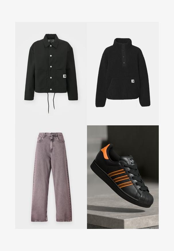 Casaco cropped preto feito de tecido durável. Apresenta um colarinho clássico, botões de pressão prateados, dois bolsos frontais e bainha ajustável com cordão.; Carhartt WIP ELLIOT HIGH NECK - Camisola de lã polar - black; Jeans de cintura alta e pernas largas em denim roxo claro, com fecho de botão, cinco bolsos e desbotamento subtil nas costuras.; Sapatilha preta com detalhes laranja, três riscas horizontais, parte superior em couro texturizado, bico de borracha e atacadores pretos.