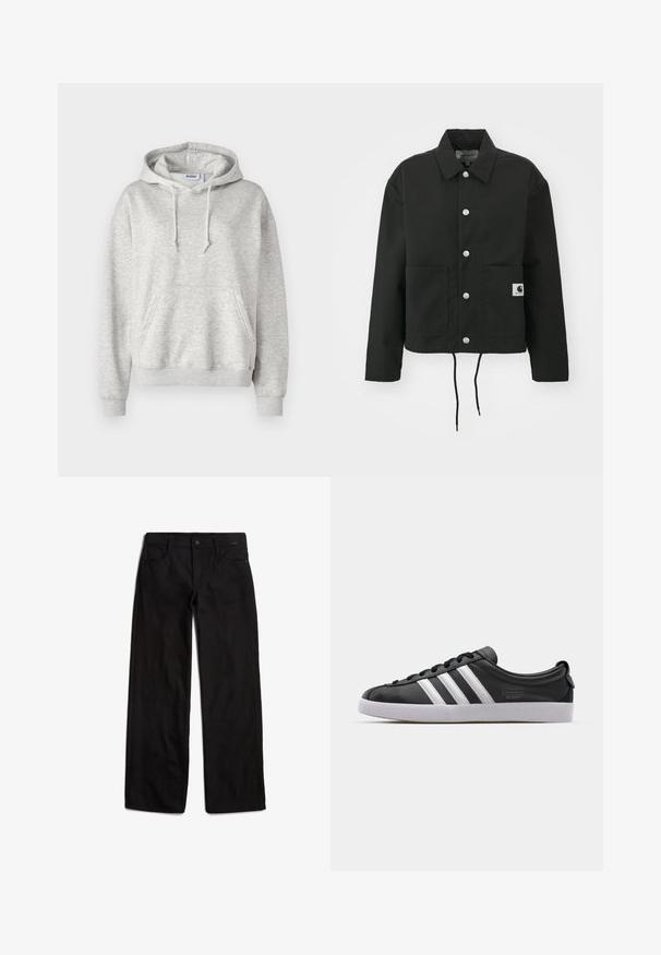 Veste noire coupée en tissu durable. Comprend un col classique, des boutons-pression argentés, deux poches avant et un ourlet avec cordon de serrage réglable.; Sweatshirt à capuche gris clair en tissu doux en mélange de coton. Il présente une poche avant, un cordon de serrage à la capuche et des poignets et ourlet côtelés.; Pantalon en denim noir avec une coupe droite, fermeture à bouton à l'avant et design à cinq poches. Texture lisse et détails de couture minimalistes.; Baskets en cuir noir avec un design à trois bandes blanches, bout arrondi, semelle plate en caoutchouc blanc et détail de marque sur le côté.