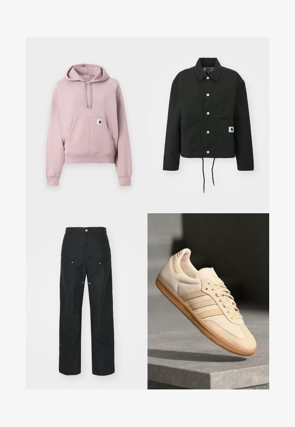 Giacca nera cropped realizzata in tessuto resistente. Presenta un colletto classico, bottoni automatici argentati, due tasche frontali e orlo regolabile con coulisse.; Felpa rosa pallido realizzata in morbido misto cotone, dotata di una grande tasca frontale, cappuccio con cordoncino e polsini a coste. Design semplice con etichetta logata.; Pantaloni neri con design a gamba dritta, realizzati in un tessuto texturizzato. Presentano dettagli decorativi in argento e una cucitura unica.; Sneaker in suede beige chiaro con suola in gomma, tre strisce diagonali e punta con texture. Presenta il logo sulla linguetta e sul lato.
