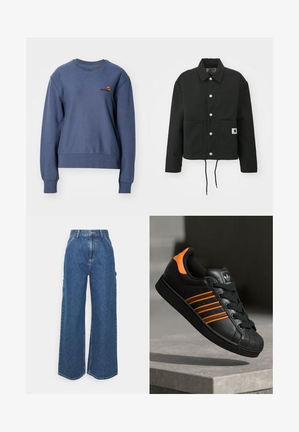 Czarna krótka kurtka wykonana z trwałego materiału. Posiada klasyczny kołnierz, srebrne napy, dwie kieszenie z przodu oraz regulowany dół ze sznurkiem.; Carhartt WIP - Bluza; Szerokie niebieskie dżinsowe spodnie z wysokim stanem, kontrastowymi szwami i bocznymi kieszeniami, z klasycznym pięciokieszeniowym wzorem i surowymi brzegami.; Czarne sneakersy z pomarańczowymi akcentami, trzema poziomymi paseczkami, skórzaną cholewką o teksturowanej powierzchni, gumowym noskiem i czarnymi sznurówkami.