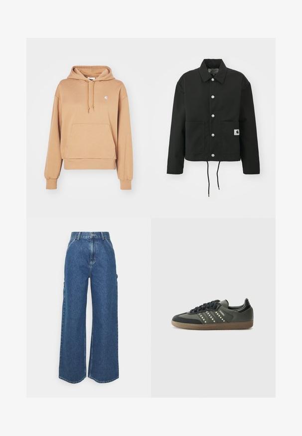 Zwarte cropped jas gemaakt van duurzaam materiaal. Heeft een klassieke kraag, zilveren drukknoopsluitingen, twee voorzakken en een verstelbare trekkoordzoom.; Carhartt WIP HOODED CASEY - Hoodie - peanut/silver; Brede blauwe denim broeken met een hoge taille, contrasterende stiksels en zijzakken, uitgerust met een klassieke vijf-pocket stijl en ongewerkte naden.; adidas Originals SAMBA OG - Sneakers laag - core black/legend earth/gum