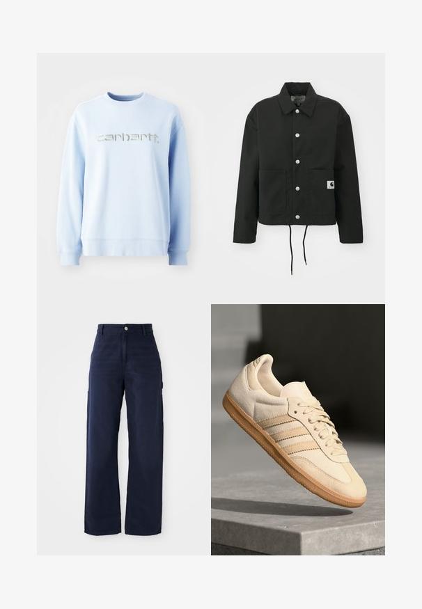 Svart, kort jakke laget av slitesterkt stoff. Har en klassisk krage, sølvfargede trykknapper, to framlommer og justerbar snor i nederkant.; Lys blå crewneck genser laget av mykt stoff har en fremtredende sølv brodert "carhartt"-logo over fronten.; Marineblå vide bukser med cargo-design laget av solid bomullsstoff, med sidelommer og knappelukking i midjen.; Lys beige suedette sneakers med gummisåle, tre diagonale striper og en teksturert tåhette. Har logo på tungen og siden.