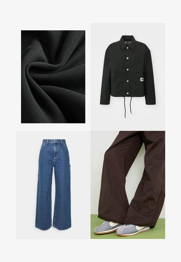 Chaqueta corta negra hecha de tela resistente. Presenta un collar clásico, botones a presión plateados, dos bolsillos frontales y un dobladillo ajustable con cordón.; Tela negra con una textura suave y lisa, que se asemeja a un tejido ligero. El material cae en pliegues, mostrando un ligero brillo.; Pantalones vaqueros de pierna ancha en azul con cintura alta, costuras en contraste y bolsillos laterales, que cuentan con un diseño clásico de cinco bolsillos y dobladillos sin rematar.; Pantalones de pierna ancha marrones con textura suave y detalles en las costuras laterales, combinados con zapatillas de estilo retro en gris y blanco con suela de goma.