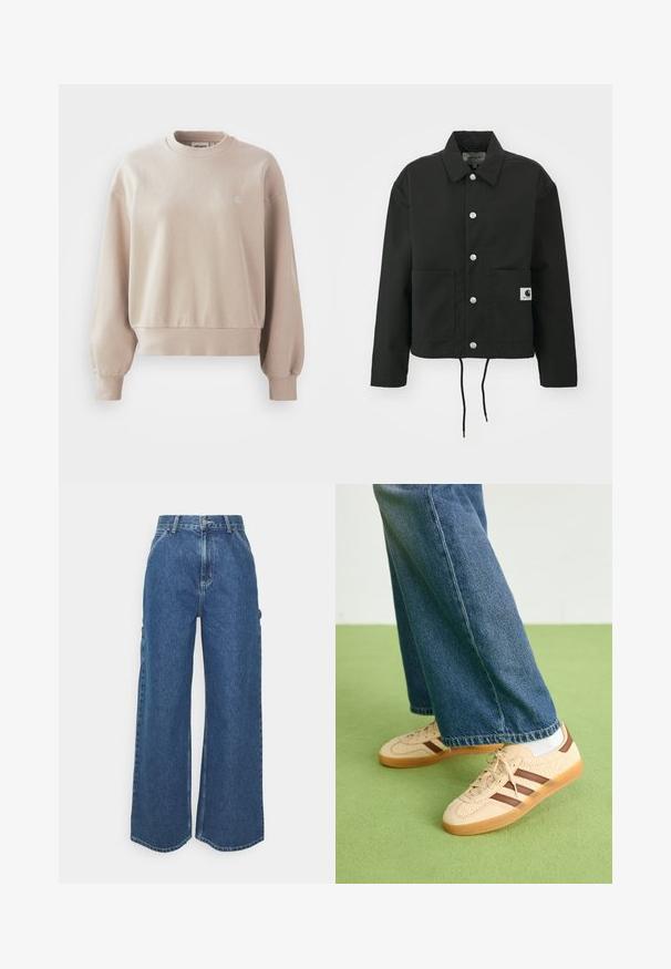 Black cropped jacket made of durable fabric. Features a classic collar, silver snap buttons, two front pockets, and adjustable drawstring hem.; Beige cotton sweatshirt with a rounded neckline, ribbed cuffs, and hem, featuring a small logo on the chest and a relaxed fit.; Wide-leg blue denim trousers with a high waist, contrasting stitching, and side pockets, featuring a classic five-pocket design and raw hems.; Beige sneakers with textured cream panels and brown stripes, paired with blue denim jeans. The jeans have a wide leg and frayed hem.