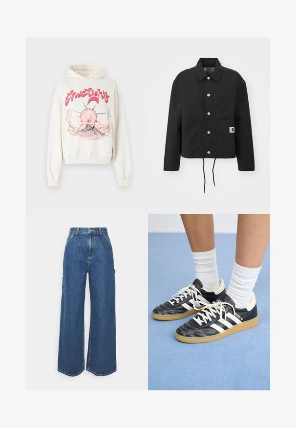 Casaco cropped preto feito de tecido durável. Apresenta um colarinho clássico, botões de pressão prateados, dois bolsos frontais e bainha ajustável com cordão.; Hoodie de cor creme com um design gráfico que apresenta um motivo de sol e montanha em rosa e cinza. Ajuste solto, punhos e barra canelados.; Calças de ganga azuis de perna larga com cintura alta, costuras em contraste e bolsos laterais, apresentando um design clássico de cinco bolsos e bainhas desfiadas.; Sapatilhas de couro preto com riscas brancas, biqueira redonda, atacadores brancos e sola de borracha de goma. Destacadas pelo colarinho acolchoado e detalhes de marca.