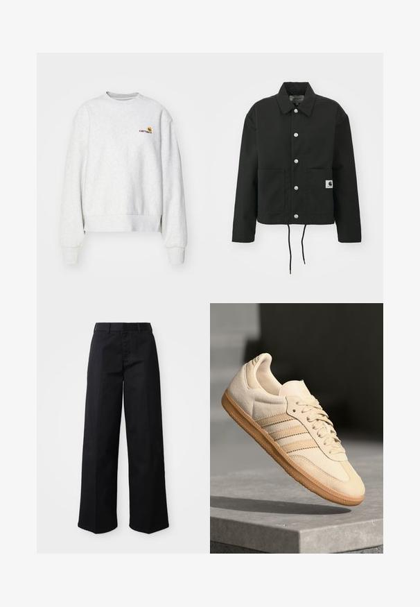 Zwarte cropped jas gemaakt van duurzaam materiaal. Heeft een klassieke kraag, zilveren drukknoopsluitingen, twee voorzakken en een verstelbare trekkoordzoom.; Grijze crewneck sweatshirt van een zachte stof met geribbelde manchetten en onderrand; voorzien van een geborduurd logo op de borst in geel en bordeauxrood.; Zwarte wijde broek van zacht katoen. Voorzien van een klassieke tailleband, zijzakken en een rechte snit naar de zoom.; Lichtbeige suède sneaker met een gumrubberen buitenzool, drie diagonale strepen en een textuur op de neus. Voorzien van een logo op de tong en de zijkant.