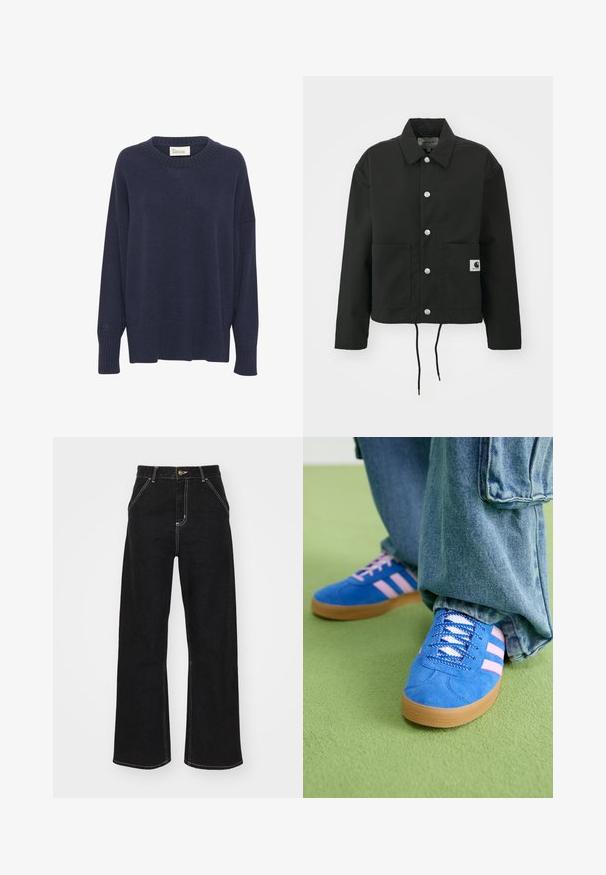 Fekete, vágott fazonú dzseki tartós anyagból. Klasszikus gallérral, ezüst színű patentgombokkal, két elülső zsebbel és állítható, húzózsinóros hemmel rendelkezik.; Sötétkék kötött pulóver crew nyakkivágással, ejtett vállakkal és bordázott aljjal. A bal ujján található egy kis logó. Puha tapintású.; Fekete, széles szárú farmernadrág, kontrasztos fehér varrással és elülső gombos záródással, két ferde elülső zsebbel.; Kék velúr cipők rózsaszín csíkokkal és fehér fűzővel, gumiból készült talppal, laza farmernadrággal egy zöld felületen.