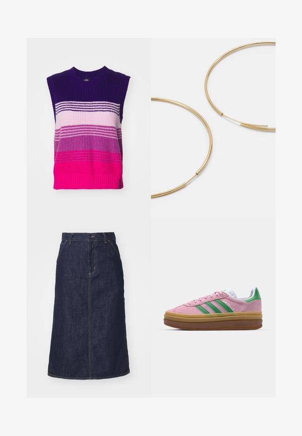 Juodas trumpas švarkas, pagamintas iš tvirto audinio. Savybės: klasikinė apykaklė, sidabriniai mygtukai, dvi priekinės kišenės ir reguliuojamas raištelis aptempimui.; Bežis rankovių megztinis, puoštais horizontaliomis juostelėmis tamsiai violetinės, šviesiai rožinės ir fuksijos spalvos tonų. Tekstūruota medžiaga su raukinėta apykakle ir apačia.; Tamsiai mėlynas džinsinis sijonas su aukštu liemeniu, tiesiu kirpimu, priekinėmis kišenėmis ir siūlėmis. Turi užtrauktuką ir sagą liemenyje.; Rožinės zomšinės sportbačiai su žaliomis juostelėmis, baltais akcentais ir ruda guma. Yra tekstūruota medžiaga ir logo detalės ant šono.; Aukso spalvos žiedo auskarai, ploni ir apvalūs, su lygiu metaliniu paviršiumi be papuošimų ar raštų.