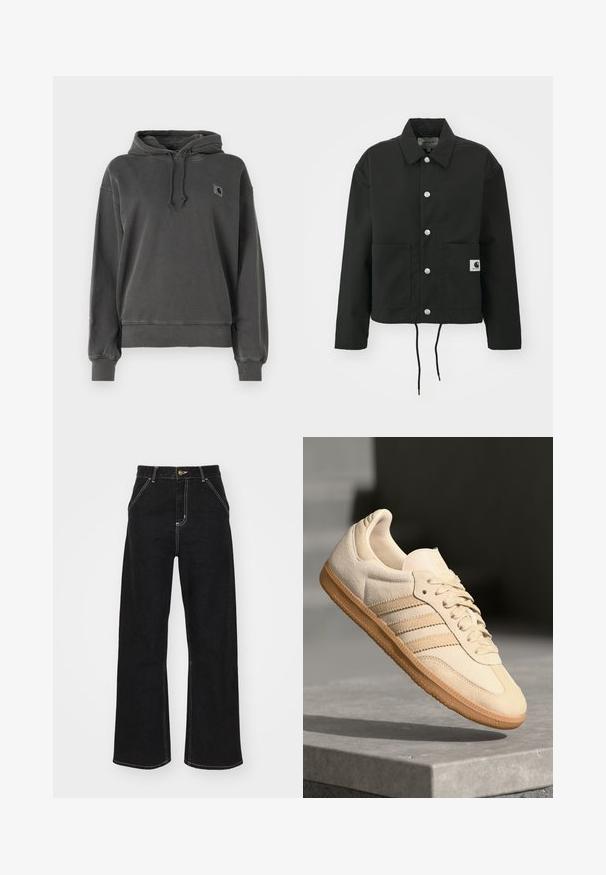 Črna kratka jakna iz trpežnega materiala. Ima klasičen ovratnik, srebrne pritiskače, dve sprednji žepi in nastavljiv rob z vrvico.; Carhartt WIP HOODED NELSON - Športni pulover - graphite; Črne široke kavbojke iz denima, ki imajo kontrastne bele šive in sprednje gumbno zapiranje, ter dve nagnjeni sprednji žepi.; Svetlo bež semišni športni copat z gumijastim podplatom, trije poševni trakovi in teksturiran zaščitni del. Vsebuje logotip na ježku in strani.