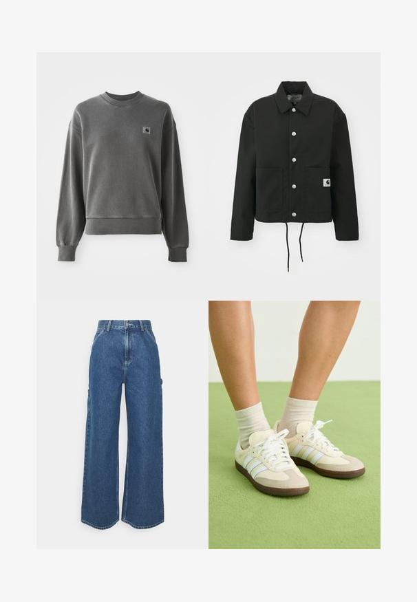 Čierna krátka bunda vyrobená z odolnej tkaniny. Obsahuje klasický golier, strieborné cvoky, dve predné vrecká a nastaviteľný šnúrkový lem.; Šedý pulóver vyrobený z hladkej zmesi bavlny, s okrúhlym výstrihom, rebrovanými manžetami a malou logom nášivkou na ľavej hrudi.; Dlhé modré džínsy so širokými nohavicami a vysokým pásom, s kontrastným prešívaním a bočnými vreckami, s klasickým dizajnom piatich vreciek a surovými lemami.; Samba tenisky s krémovo-bežovou farebnou schémou, s tromi svetlomodrými pruhmi, bielymi šnúrkami a hnedými gumovými podrážkami.