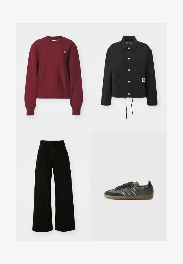 Zwarte cropped jas gemaakt van duurzaam materiaal. Heeft een klassieke kraag, zilveren drukknoopsluitingen, twee voorzakken en een verstelbare trekkoordzoom.; Carhartt WIP AMERICAN SCRIPT - Sweater - malbec; Zwarte wijde cargobroek van denim, met een hoge taille, sluiting met een knop aan de voorkant en zijzakken. Gladde textuur met minimale stiksels.; adidas Originals SAMBA OG - Sneakers laag - core black/legend earth/gum