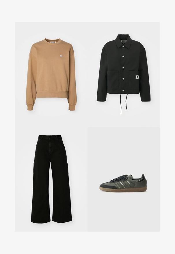 Giacca nera cropped realizzata in tessuto resistente. Presenta un colletto classico, bottoni automatici argentati, due tasche frontali e orlo regolabile con coulisse.; Carhartt WIP CASEY  - Felpa - peanut/silver; Pantaloni cargo neri a gamba larga in denim, con vita alta, chiusura frontale con bottone e tasche laterali. Texture liscia con cuciture minime.; adidas Originals SAMBA OG - Sneakers basse - core black/legend earth/gum