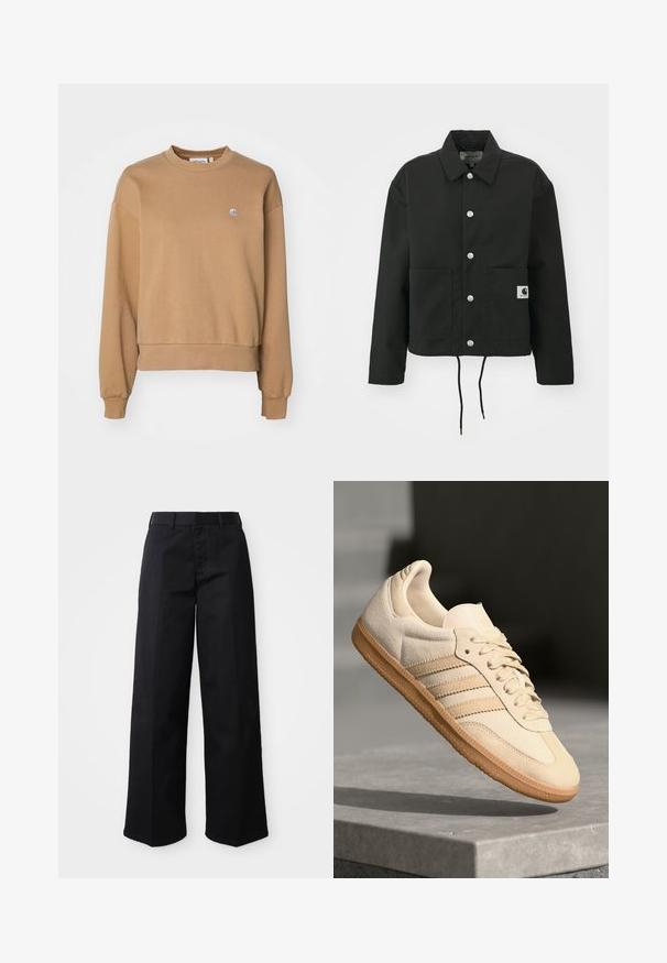 Svart, kort jakke laget av slitesterkt stoff. Har en klassisk krage, sølvfargede trykknapper, to framlommer og justerbar snor i nederkant.; Carhartt WIP CASEY - Sweatshirt - peanut/silver; Svart vide bukser laget av myk bomullsstoff. Har en klassisk midje, sidelommer og en rett kutt til kanten.; Lys beige suedette sneakers med gummisåle, tre diagonale striper og en teksturert tåhette. Har logo på tungen og siden.