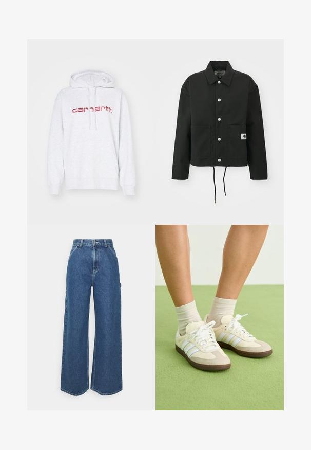Czarna krótka kurtka wykonana z trwałego materiału. Posiada klasyczny kołnierz, srebrne napy, dwie kieszenie z przodu oraz regulowany dół ze sznurkiem.; Jasnoszara bluza z kapturem wykonana z mieszanki bawełny, wyposażona w kieszeń kangurzą, ściągacze na rękawach oraz widoczny czerwony napis "carhartt." na przodzie.; Szerokie niebieskie dżinsowe spodnie z wysokim stanem, kontrastowymi szwami i bocznymi kieszeniami, z klasycznym pięciokieszeniowym wzorem i surowymi brzegami.; Sneakers Samba w kolorze kremowym i beżowym, z trzema jasnoniebieskimi paskami, białymi sznurówkami i brązowymi gumowymi podeszwami.
