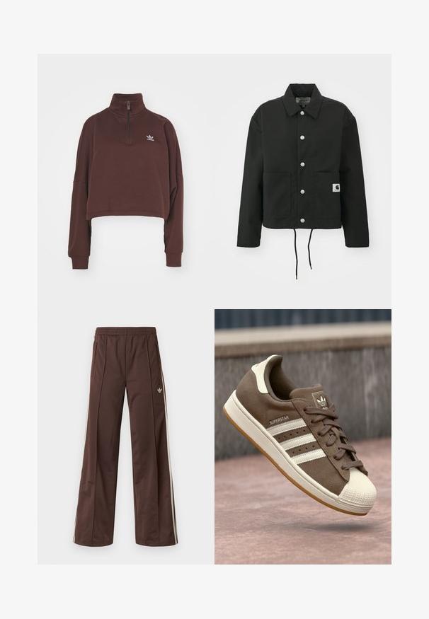 Schwarz gekürzte Jacke aus strapazierfähigem Stoff. Mit klassischem Kragen, silbernen Druckknöpfen, zwei Fronttaschen und verstellbarem Kordelzug am Saum.; Brauner, kurz geschnittener Pullover mit hohem Kragen, halber Reißverschluss und langen Ärmeln. besitzt ein kleines, lila gesticktes Logo auf der Brust.; Braune Sporthose mit weitem Bein, weißen Seitenstreifen, elastischem Bund und zwei Seitentaschen. Mit kleinem Logo am Bein.; Braune Wildleder-Sneaker mit weißen Streifen, crèmefarbenen Akzenten und einer Gummischale an der Zehe. Verfügt über ein Schnürdesign und eine strukturierte Gummisohle.