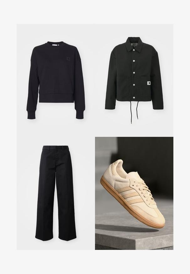 Czarna krótka kurtka wykonana z trwałego materiału. Posiada klasyczny kołnierz, srebrne napy, dwie kieszenie z przodu oraz regulowany dół ze sznurkiem.; Czarna krótka bluza z długimi rękawami, okrągłym dekoltem i ściągaczami. Posiada małą czarną naszywkę z logo po lewej stronie klatki piersiowej. Miękka tekstura.; Czarne szerokie spodnie wykonane z miękkiej bawełnianej tkaniny. Posiadają klasyczną talię, boczne kieszenie oraz prosty krój do dołu.; Jasno beżowe zamszowe sneakersy z gumową podeszwą, trzema skośnymi paskami i teksturowanym noskiem. Zawierają logo na języku i boku.