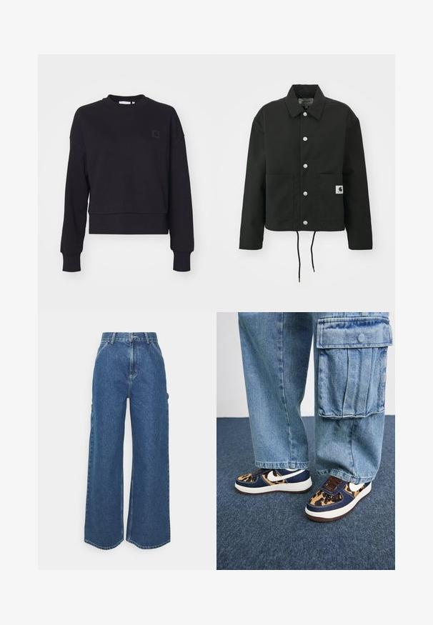 Black cropped jacket made of durable fabric. Features a classic collar, silver snap buttons, two front pockets, and adjustable drawstring hem.; Black cropped sweatshirt with long sleeves, crew neck, and ribbed cuffs. Features a small black logo patch on the left chest. Soft texture.; Wide-leg blue denim trousers with a high waist, contrasting stitching, and side pockets, featuring a classic five-pocket design and raw hems.; Navy blue sneakers with leopard print accents, white Nike swoosh, brown laces, and white midsole. Paired with light denim cargo pants.