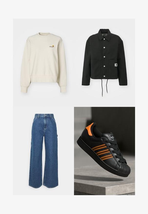 Sort cropped jakke lavet af slidstærkt stof. Har en klassisk krave, sølvfarvede trykknapper, to frontlommer og justerbar snoretræk i nederste kant.; Cremefarvet sweatshirt lavet af blødt stof, med rund halsudskæring, ribbede manchetter og et lille broderet logo på brystet.; Bredde ben blå denimbukser med høj talje, kontrastsyede sømme og sidelommer, med et klassisk fem-lomme design og rå kanter.; Sort sneakers med orange detaljer, tre vandrette striber, tekstureret læderoverdel, gummikappe og sorte snørebånd.