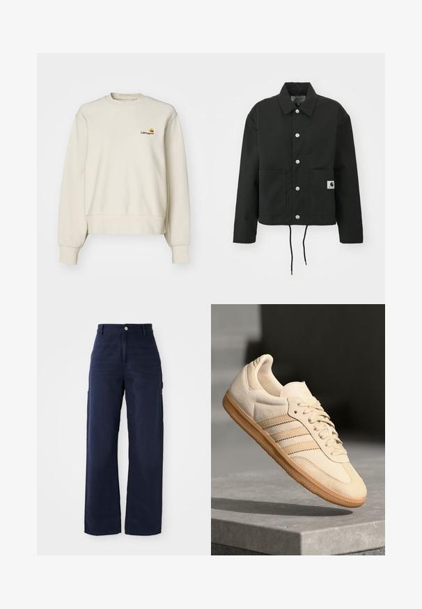 Veste noire coupée en tissu durable. Comprend un col classique, des boutons-pression argentés, deux poches avant et un ourlet avec cordon de serrage réglable.; Sweatshirt couleur crème en tissu doux, doté d'un col rond, de poignets côtelés et d'un petit logo brodé sur la poitrine.; Un pantalon cargo large en bleu marine fabriqué dans un tissu en coton résistant, avec des poches latérales et une fermeture à bouton à la taille.; Sneaker en suède beige clair avec semelle en gomme, trois rayures diagonales et un capuchon de pied texturé. Logo sur la languette et sur le côté.