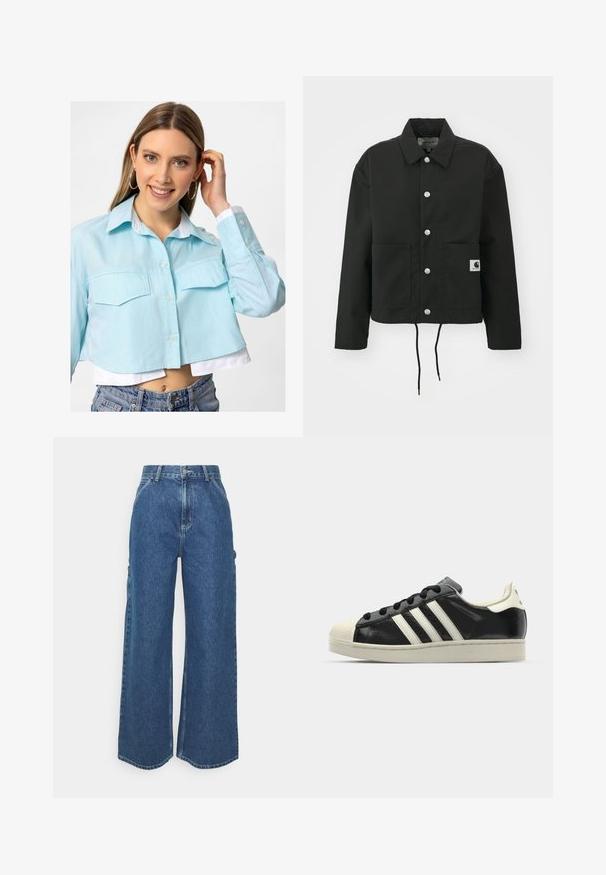 Chaqueta corta negra hecha de tela resistente. Presenta un collar clásico, botones a presión plateados, dos bolsillos frontales y un dobladillo ajustable con cordón.; Camisa recortada azul claro con cierre de botones, dos bolsillos frontales y un collar blanco. El material tiene una textura suave y un diseño casual.; Pantalones vaqueros de pierna ancha en azul con cintura alta, costuras en contraste y bolsillos laterales, que cuentan con un diseño clásico de cinco bolsillos y dobladillos sin rematar.; Zapatilla de cuero negro con rayas blancas, puntera de goma, cordones negros y suela color crema. Textura suave con acabado brillante.