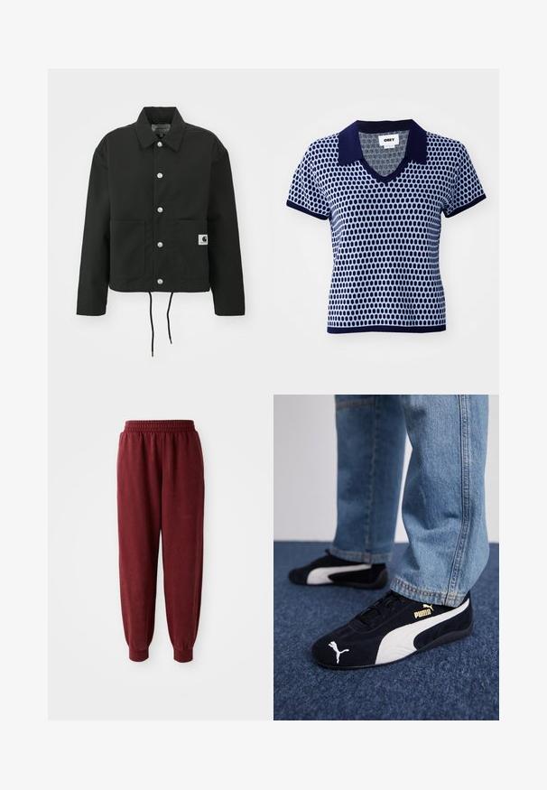 Black cropped jacket made of durable fabric. Features a classic collar, silver snap buttons, two front pockets, and adjustable drawstring hem.; Blue and navy short-sleeve polo with a V-neck, featuring a textured geometric pattern and a solid navy collar and cuffs.; Burgundy sweatpants with an elastic waistband and elastic cuffs. Smooth texture and relaxed fit. No visible patterns or hardware details.; Black suede sneakers with white accents, featuring a gold logo. Worn with light blue denim jeans and set on a textured blue surface.