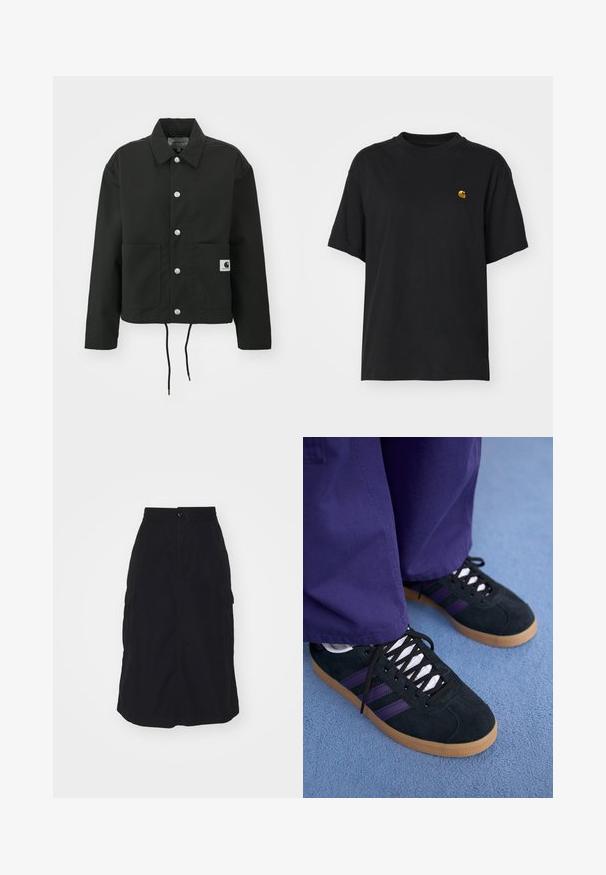 Black cropped jacket made of durable fabric. Features a classic collar, silver snap buttons, two front pockets, and adjustable drawstring hem.; Black cotton t-shirt with a relaxed fit. Features a round neck and short sleeves. Includes a small gold embroidered logo on the chest.; Black midi skirt featuring an elastic waistband, front button closure, and two side cargo pockets. Smooth fabric with a straight cut.; Black suede sneakers with purple stripes, white laces, and gum soles. Worn with loose purple pants, set against a blue background.