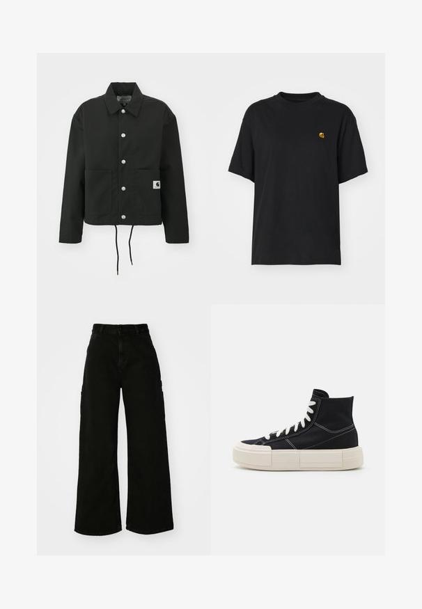 Must must ümber lõikega must jakk, mis on valmistatud vastupidavast kangast. Omab klassikalist kraed, hõbedasi tõmblukke, kahte esist taskut ja reguleeritavat nööriga hemmi.; Must must särk lõdva lõikega. Omab ümmargust kaelust ja lühikesi varrukaid. Rinnal on väike kuldne tikandiga logo.; Must musta laiad jõhkrad püksid, mis on valmistatud denimist, kõrge vöökoha, esise nupu sulgemise ja küljetaskutega. Sile tekstuur minimaalse õmblusega.; Must musta kõrge ülemise osaga spordijalats valgete nööridega, paks kreemja tallaga, kontrastsete õmblustega ja ümarate varvastega.