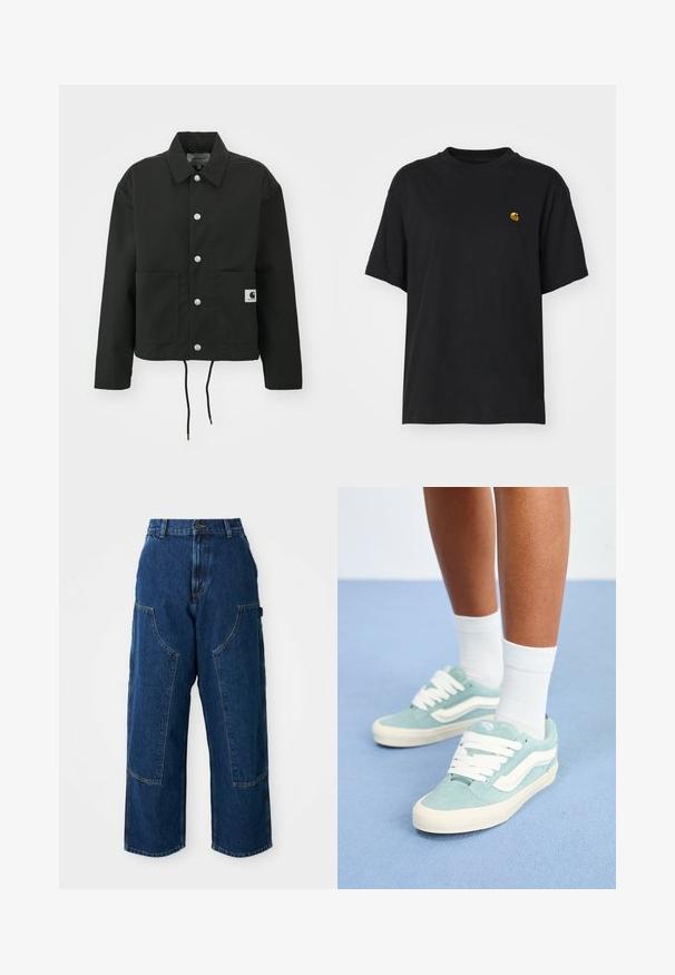 Must must ümber lõikega must jakk, mis on valmistatud vastupidavast kangast. Omab klassikalist kraed, hõbedasi tõmblukke, kahte esist taskut ja reguleeritavat nööriga hemmi.; Must must särk lõdva lõikega. Omab ümmargust kaelust ja lühikesi varrukaid. Rinnal on väike kuldne tikandiga logo.; Tumedast denimist laiad püksid kõrge vöökohaga, suure esikottide ja kontrastõmblustega. Kangas on kergelt tekstureeritud.; Heledad sinine seemisneede suvised valgete aksentide ja kingapaeladega. Ümar nina ja tekstureeritud pealispind. Kantud valgete pahkluu sokkidega sinisel pinnal.