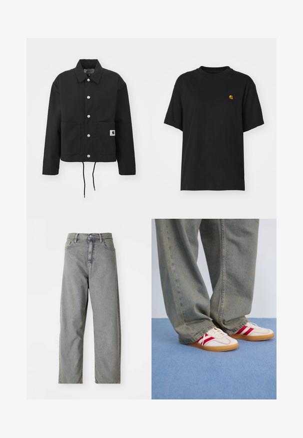 Must must ümber lõikega must jakk, mis on valmistatud vastupidavast kangast. Omab klassikalist kraed, hõbedasi tõmblukke, kahte esist taskut ja reguleeritavat nööriga hemmi.; Must must särk lõdva lõikega. Omab ümmargust kaelust ja lühikesi varrukaid. Rinnal on väike kuldne tikandiga logo.; Heled hallid teksapüksid sirge jalaga disainiga, esiküljel nööbiga sulgemine, viis taskut ja kerge pleekimine.; Valged tennis kingad punaste triipudega, tekstureeritud kangast ülemine osa, ümar varvas, lame kummist tald, koos vabaaja, pleekinud siniste teksadega.