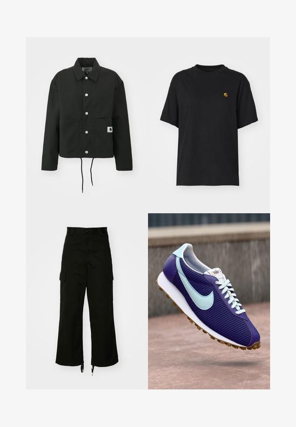 Black cropped jacket made of durable fabric. Features a classic collar, silver snap buttons, two front pockets, and adjustable drawstring hem.; Black cotton t-shirt with a relaxed fit. Features a round neck and short sleeves. Includes a small gold embroidered logo on the chest.; Black cargo pants made from cotton, featuring wide legs, side pockets, and drawstring hems. The design includes a button closure at the waist.; Purple Nike sneaker with light blue swoosh, white laces, and gum sole, shown hovering above a concrete surface outdoors.