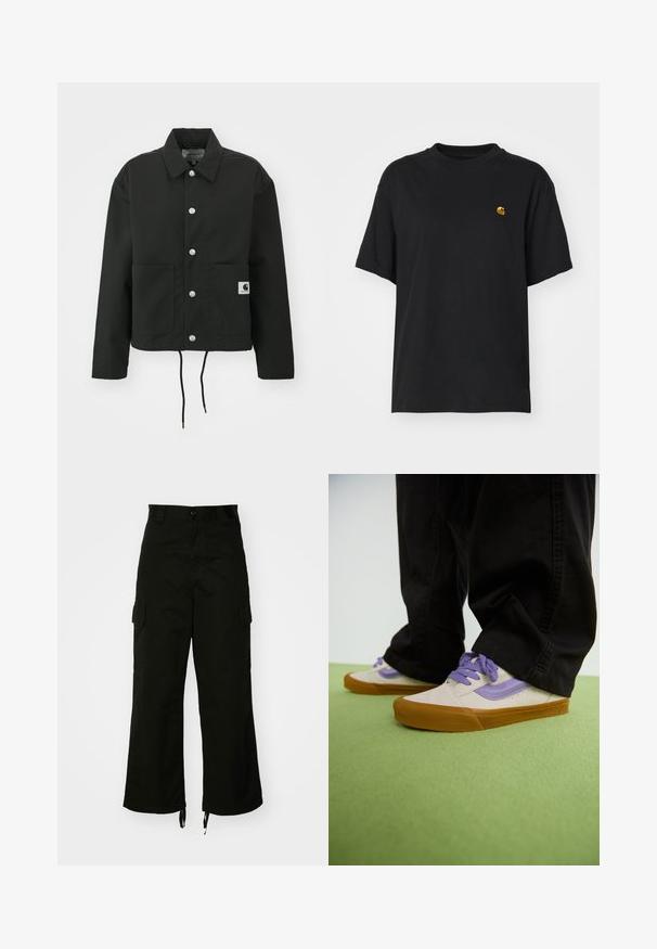 Must must ümber lõikega must jakk, mis on valmistatud vastupidavast kangast. Omab klassikalist kraed, hõbedasi tõmblukke, kahte esist taskut ja reguleeritavat nööriga hemmi.; Must must särk lõdva lõikega. Omab ümmargust kaelust ja lühikesi varrukaid. Rinnal on väike kuldne tikandiga logo.; Mustadest puuvillast cargo-püksidest, millel on laiad sääred, küljetaskud ja nööriga lõpulised säärised. Disain sisaldab nööbi sulgemist vöökohal.; Kergedbeežid tossud lilla aktsendiga, kummist talla ja lamepaelaga. Kantud mustade pükstega, eksponeeritud rohelisel tekstureeritud pinnal.