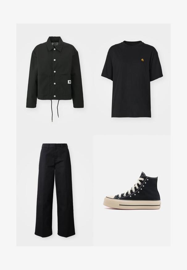 Melnā apgrieztā jakā, kas izgatavota no izturīga auduma. Tam ir klasiskā apkakle, sudraba kniedes, divas priekšējās kabatas un regulējams savelkamo apakšmalu.; Melnas kokvilnas T-krekls ar brīvu piegriezumu. Iezīmē apaļu kakla un īsām piedurknēm. Iekļauts neliels zelta izšūts logo krūšu daļā.; Melni plaši bikses, izgatavotas no mīksta kokvilnas auduma. Tām ir klasiskas jostas, sānu kabatas un taisna griezuma apakša.; Converse CHUCK TAYLOR ALL STAR LIFT - Augsti sporta apavi - black/lotus pink/egret