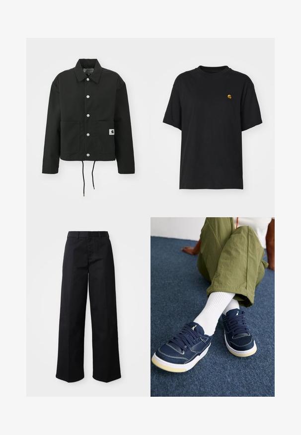 Jachetă neagră scurtă, fabricată dintr-un material durabil. Prezintă un guler clasic, nasturi cu clipsuri argintii, două buzunare frontale și un tiv ajustabil cu șnur.; Tricou din bumbac negru, cu o croială lejeră. Are guler rotund și mâneci scurte. Include un mic logo brodat auriu pe piept.; Pantaloni negri cu croi larg, confecționați dintr-un material moale de bumbac. Prezintă o talie clasică, buzunare laterale și o croială dreaptă până la tiv.; Persoană îmbrăcată cu pantaloni verzi, șosete albe până la gleznă și adidași bleumarin cu talpă albă, așezată pe un podea de mocheta de culoare albastră închisă.