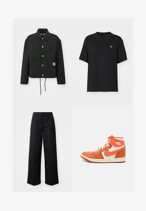 Jachetă neagră scurtă, fabricată dintr-un material durabil. Prezintă un guler clasic, nasturi cu clipsuri argintii, două buzunare frontale și un tiv ajustabil cu șnur.; Tricou din bumbac negru, cu o croială lejeră. Are guler rotund și mâneci scurte. Include un mic logo brodat auriu pe piept.; Pantaloni negri cu croi larg, confecționați dintr-un material moale de bumbac. Prezintă o talie clasică, buzunare laterale și o croială dreaptă până la tiv.; Cizme sport înalte, cu piele portocalie și panouri din țesătură albă, cu o talpă din cauciuc și un detaliu proeminent al logo-ului pe lateral.