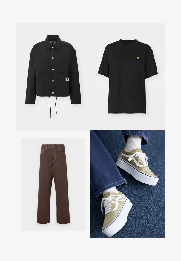 Giacca nera cropped realizzata in tessuto resistente. Presenta un colletto classico, bottoni automatici argentati, due tasche frontali e orlo regolabile con coulisse.; T-shirt in cotone nero con una vestibilità rilassata. Presenta un collo rotondo e maniche corte. Include un piccolo logo ricamato in oro sul petto.; Pantaloni in denim marrone a gamba larga con cuciture a contrasto, cinque tasche e chiusura con bottone metallico. Texture liscia, taglio dritto.; Sneakers platform in suede verde con dettagli bianchi, lacci e suole in gomma, abbinati a pantaloni in denim blu e calzini bianchi a coste.