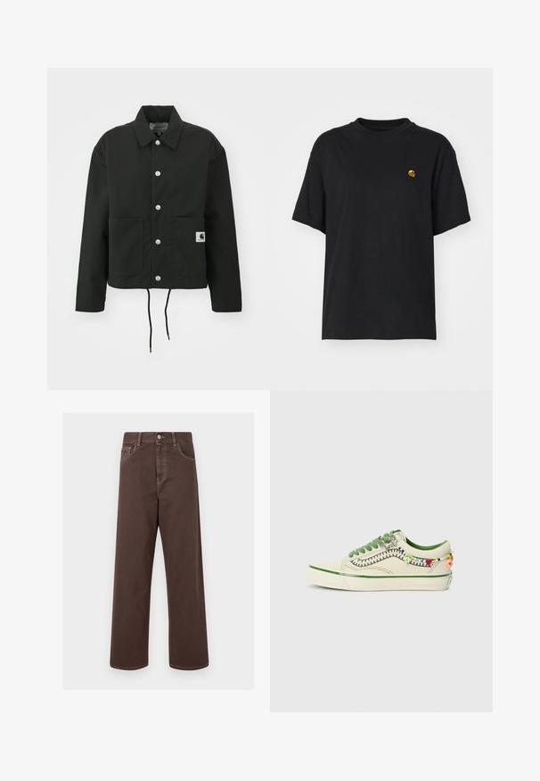 Schwarz gekürzte Jacke aus strapazierfähigem Stoff. Mit klassischem Kragen, silbernen Druckknöpfen, zwei Fronttaschen und verstellbarem Kordelzug am Saum.; Schwarzes Baumwoll-T-Shirt mit lockerer Passform. Hat einen Rundhalsausschnitt und kurze Ärmel. Enthält ein kleines, goldfarben gesticktes Logo auf der Brust.; Braune weit geschnittene Jeanshose mit kontrastierenden Nähten, fünf Taschen und einer metallenen Knopfverschlus. Glatte Textur, gerader Schnitt.; Vans OLD SKOOL COCONA - Sneaker low - cream